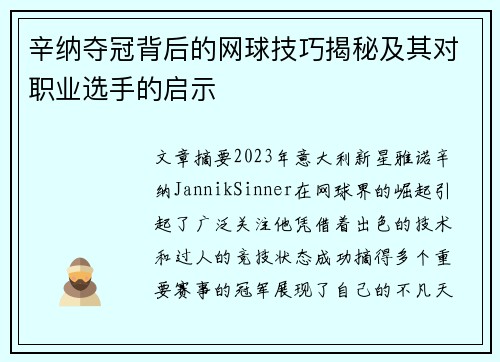 辛纳夺冠背后的网球技巧揭秘及其对职业选手的启示